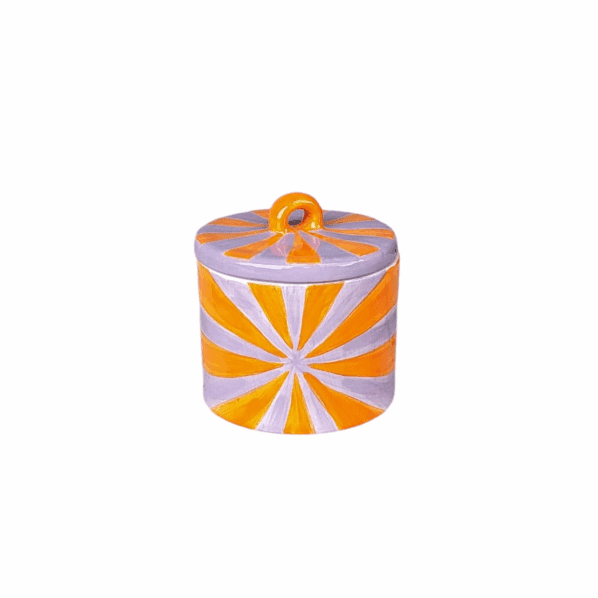 Handgemaakte keramieken pot in Ibiza-stijl met oranje en lila strepen, hoogte 10 cm