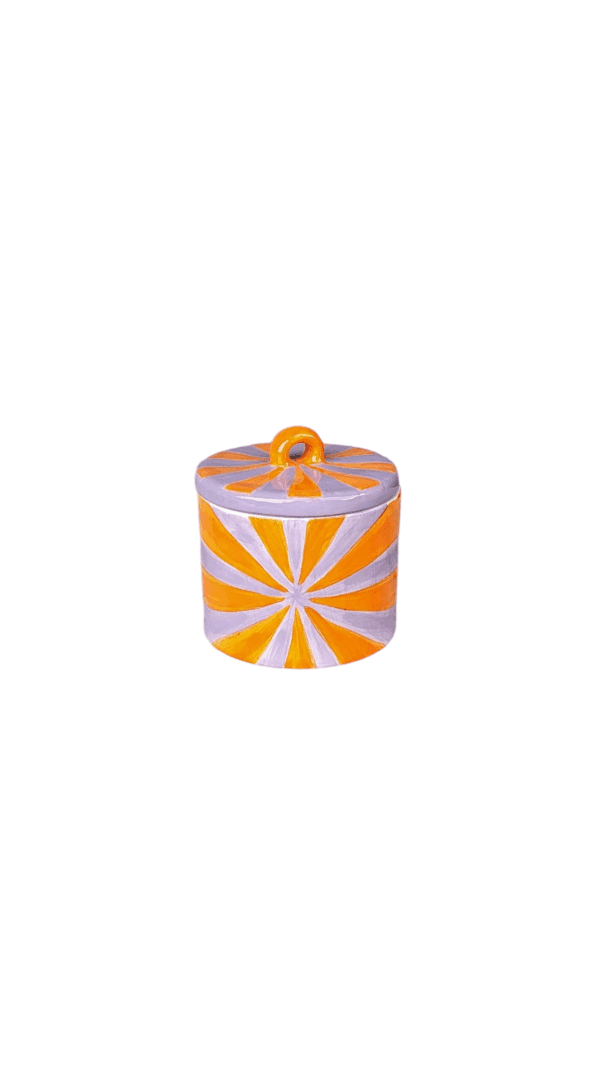 Handgemaakte keramieken pot in Ibiza-stijl met oranje en lila strepen, hoogte 10 cm