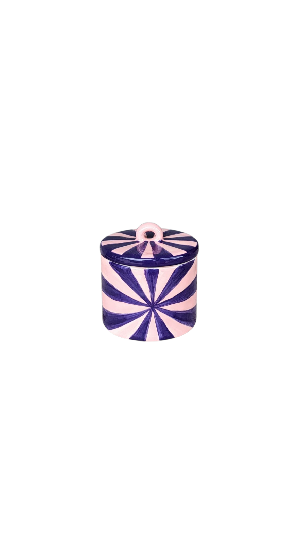 Handgemaakte keramieken pot in Ibiza-stijl met roze en paarse zonnestraal print, 10 cm hoog