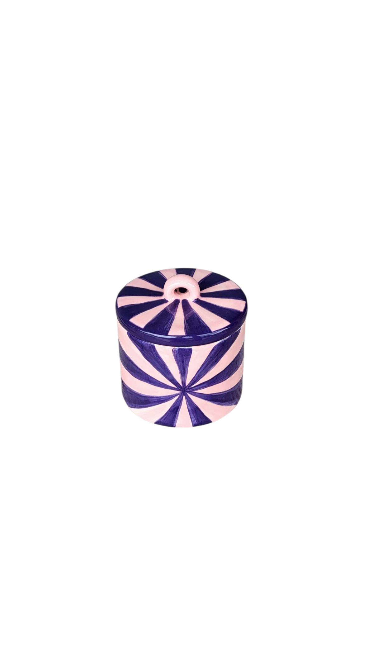 Handgemaakte keramieken pot in Ibiza-stijl met roze en paarse zonnestraal print, 10 cm hoog