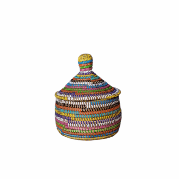 Kleurrijk mandje met deksel uit Senegal – 28 cm hoog, 21 cm diameter